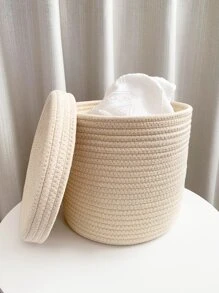 1pc Beige Desktop Storage Basket With Lid, Minimalist Polyester Woven Storage Basket For Home - Beige - View 6