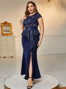 MIUSOL Plus Contrast Sequin Ruffle Trim Split Thigh Dress - Navy Blue - View 6