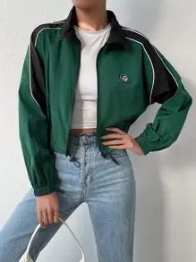 Muchica Letter Patched Detail Contrast Piping Colorblock Zip Up Jacket - Green - View 1