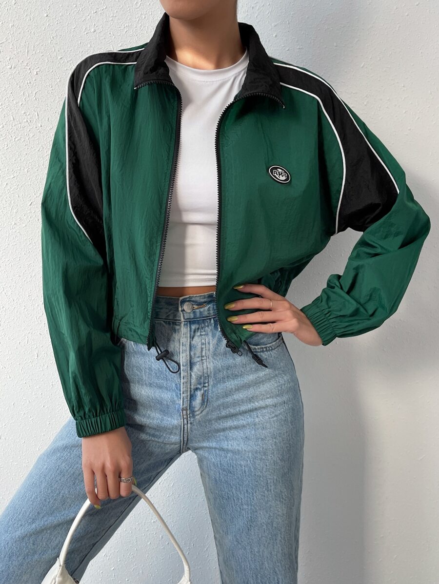 Muchica Letter Patched Detail Contrast Piping Colorblock Zip Up Jacket - Green - View 1