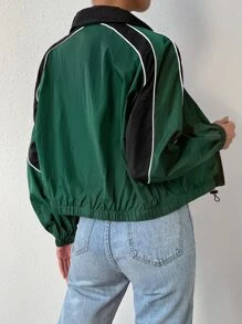 Muchica Letter Patched Detail Contrast Piping Colorblock Zip Up Jacket - Green - View 2