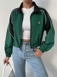Muchica Letter Patched Detail Contrast Piping Colorblock Zip Up Jacket - Green - View 5