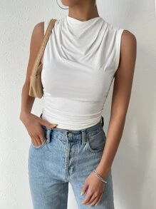 SHEIN Essnce St Patrick Solid Ruched Tank Top - White - View 3