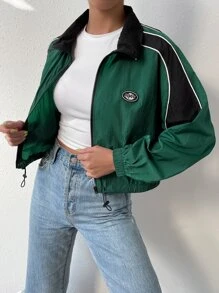 Muchica Letter Patched Detail Contrast Piping Colorblock Zip Up Jacket - Green - View 6