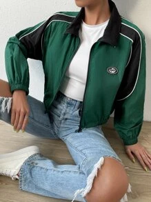 Muchica Letter Patched Detail Contrast Piping Colorblock Zip Up Jacket - Green - View 3