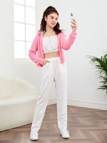 SHEIN Teen Girls Frill Trim Cami Top & Drop Shoulder Jacket & Trousers - Multicolor - View 2