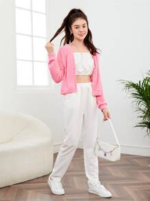 SHEIN Teen Girls Frill Trim Cami Top & Drop Shoulder Jacket & Trousers - Multicolor - View 5