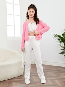 SHEIN Teen Girls Frill Trim Cami Top & Drop Shoulder Jacket & Trousers - Multicolor - View 6