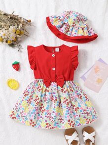 Baby Floral Print Ruffle Trim Bow Front Dress & Hat - Multicolor - View 1