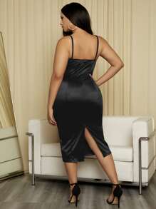 SHEIN SXY 大碼素色緞面吊帶連衣裙 - 黑色 - 查看 2