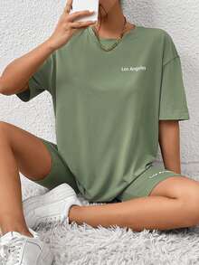 SHEIN LUNE Bộ đồ hai mảnh nữ Lá thư Giải trí - Màu xanh Bạc hà - Xem 3