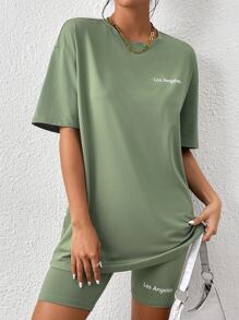 SHEIN LUNE Bộ đồ hai mảnh nữ Lá thư Giải trí - Màu xanh Bạc hà - Xem 4