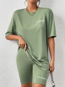 SHEIN LUNE Bộ đồ hai mảnh nữ Lá thư Giải trí - Màu xanh Bạc hà - Xem 1