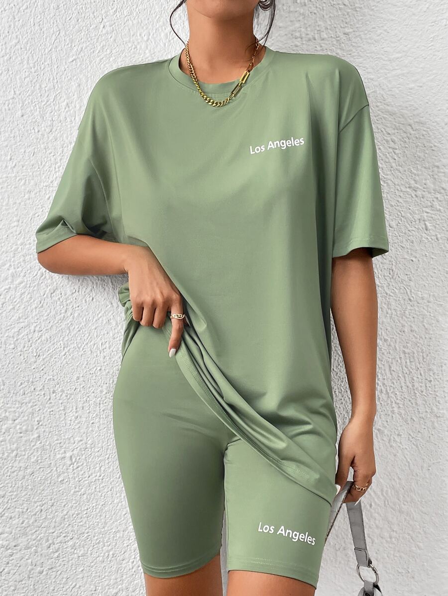 SHEIN LUNE Bộ đồ hai mảnh nữ Lá thư Giải trí - Màu xanh Bạc hà - Xem 1