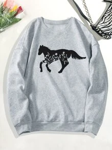 SHEIN EZwear Horse Print Thermal Lined Sweatshirt - Grey - View 1