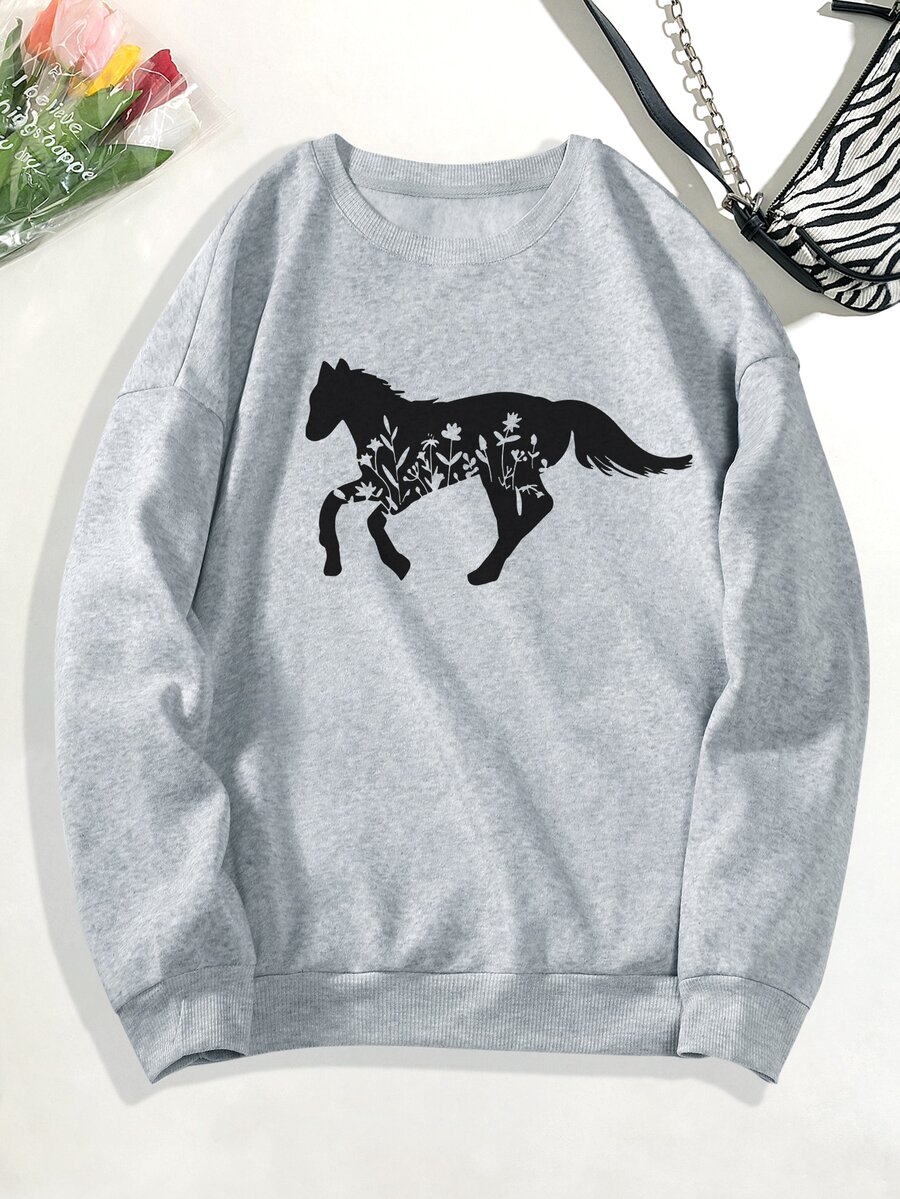 SHEIN EZwear Horse Print Thermal Lined Sweatshirt - Grey - View 1