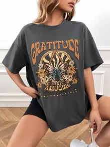 SHEIN EZwear 蝴蝶和字母圖案落肩T恤 - 深灰色 - 查看 1