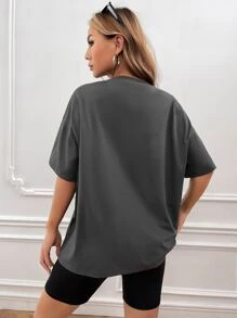 SHEIN EZwear 蝴蝶和字母圖案落肩T恤 - 深灰色 - 查看 2