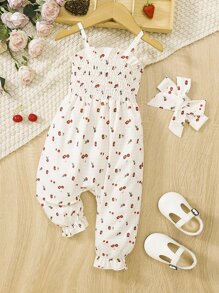 Baby Cherry Print Shirred Ruffle Trim Cami Jumpsuit & Headband - Beige - View 1