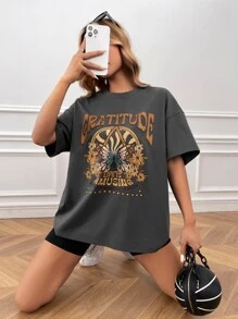 SHEIN EZwear 蝴蝶和字母圖案落肩T恤 - 深灰色 - 查看 3