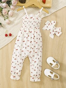 Baby Cherry Print Shirred Ruffle Trim Cami Jumpsuit & Headband - Beige - View 2