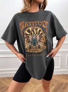 SHEIN EZwear 蝴蝶和字母圖案落肩T恤 - 深灰色 - 查看 4