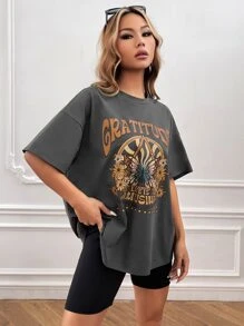 SHEIN EZwear 蝴蝶和字母圖案落肩T恤 - 深灰色 - 查看 5