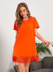 SHEIN VCAY Đầm mép màu trơn Giải trí - trái cam - Xem 5