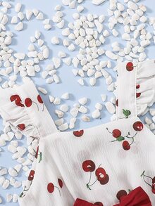 Baby Cherry Print Bow Front Ruffle Trim Top & Frill Hem Shorts - Red and White - View 3