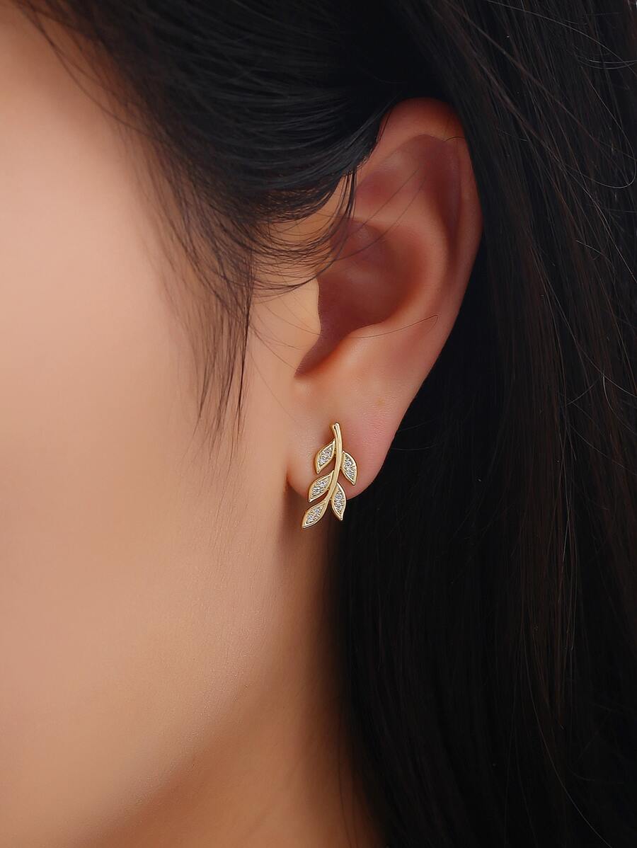 Rhinestone Leaf Stud Earrings - Yellow Gold - View 1