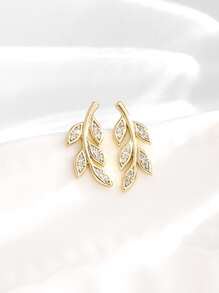 Rhinestone Leaf Stud Earrings - Yellow Gold - View 2