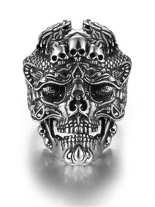 Men Skull Design Silver Ring - Antique Silver - View 1