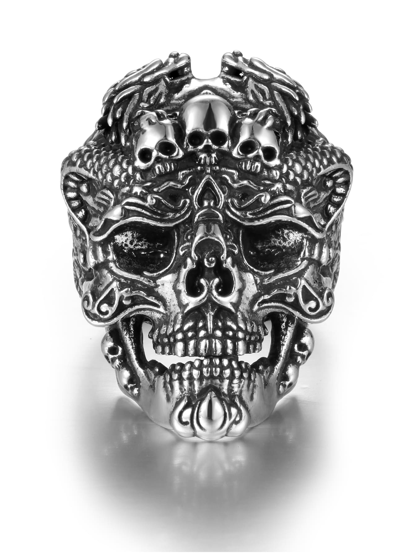 Men Skull Design Silver Ring - Antique Silver - View 1
