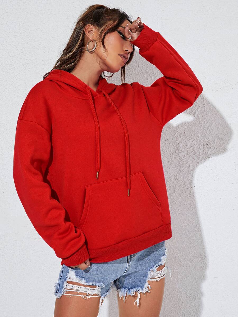 SHEIN Unity Kangaroo Pocket Thermal Lined Drawstring Hoodie - Red - View 1