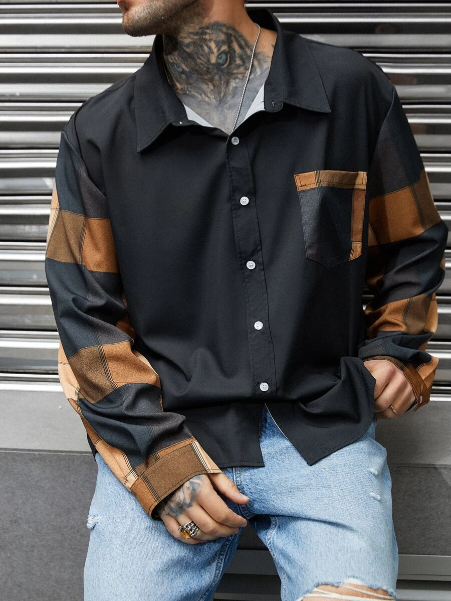 Manfinity Men Plus Plaid Print Patched Pocket Shirt - Black - View 1