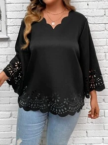SHEIN LUNE Plus Laser Cut Out Scallop Trim Blouse - Black - View 1