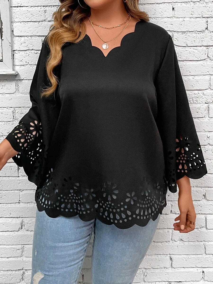 SHEIN LUNE Plus Laser Cut Out Scallop Trim Blouse - Black - View 1