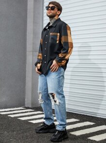 Manfinity Men Plus Plaid Print Patched Pocket Shirt - Black - View 4