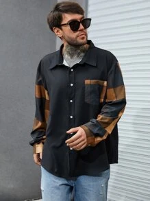 Manfinity Men Plus Plaid Print Patched Pocket Shirt - Black - View 5