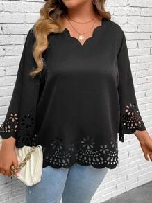 SHEIN LUNE Plus Laser Cut Out Scallop Trim Blouse - Black - View 4
