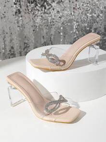 Rhinestone & Bow Decor Clear Heeled Mule Sandals - Apricot - View 2