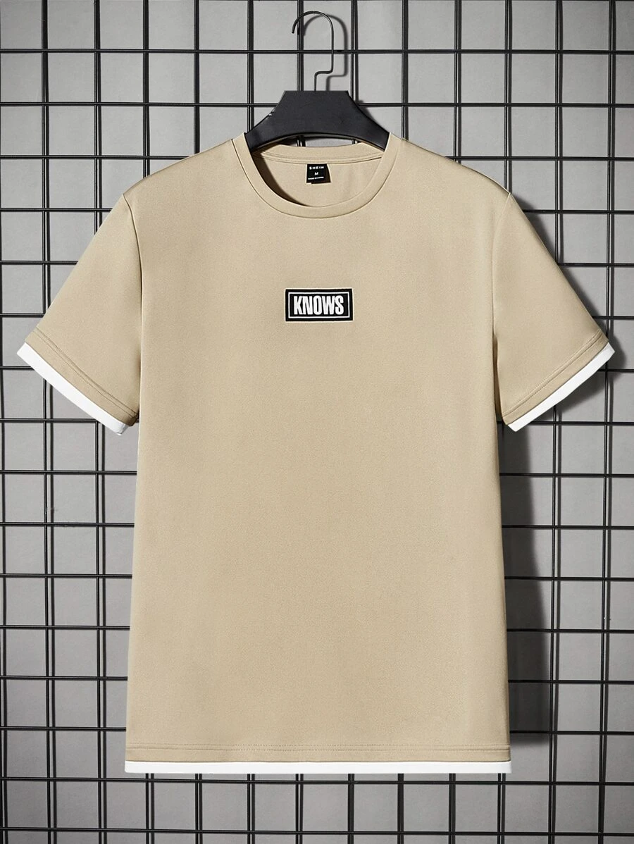 GENTILAND Men Letter Graphic Contrast Trim Tee - Khaki - View 1