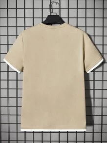 GENTILAND Men Letter Graphic Contrast Trim Tee - Khaki - View 2