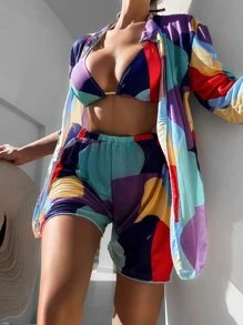 SHEIN Swim 帶覆蓋物全印花三角形露背比基尼泳裝 - 彩色 - 查看 2