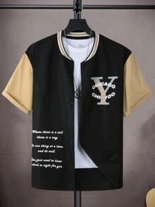 Manfinity Men Slogan Graphic Colourblock Baseball Collar Shirt Without Tee - Black - View 1