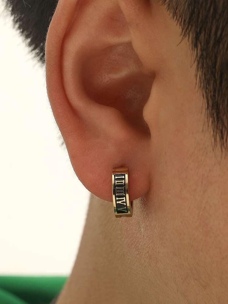 Fashionable And Popular Men Roman Numeral Detail Hoop Earrings Stainless Steel Punk Hip Pop Style For Jewelry Gift And For A Stylish Look