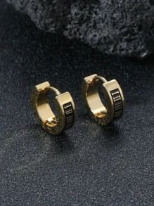 Fashionable And Popular Men Roman Numeral Detail Hoop Earrings Stainless Steel Punk Hip Pop Style For Jewelry Gift And For A Stylish Look - Yellow Gold - View 2