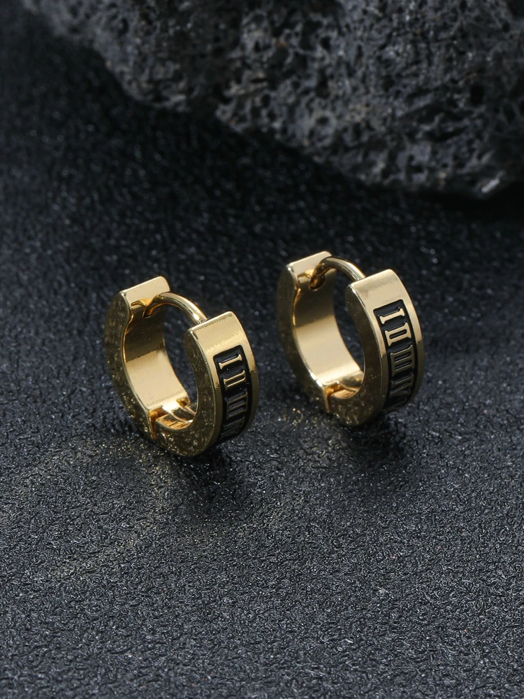 Fashionable And Popular Men Roman Numeral Detail Hoop Earrings Stainless Steel Punk Hip Pop Style For Jewelry Gift And For A Stylish Look