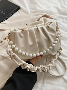 Faux Pearl Decor Ruched Bag