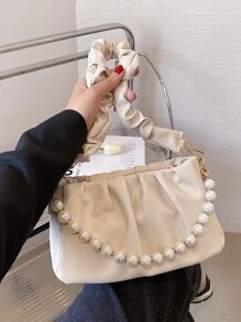 Faux Pearl Decor Ruched Bag